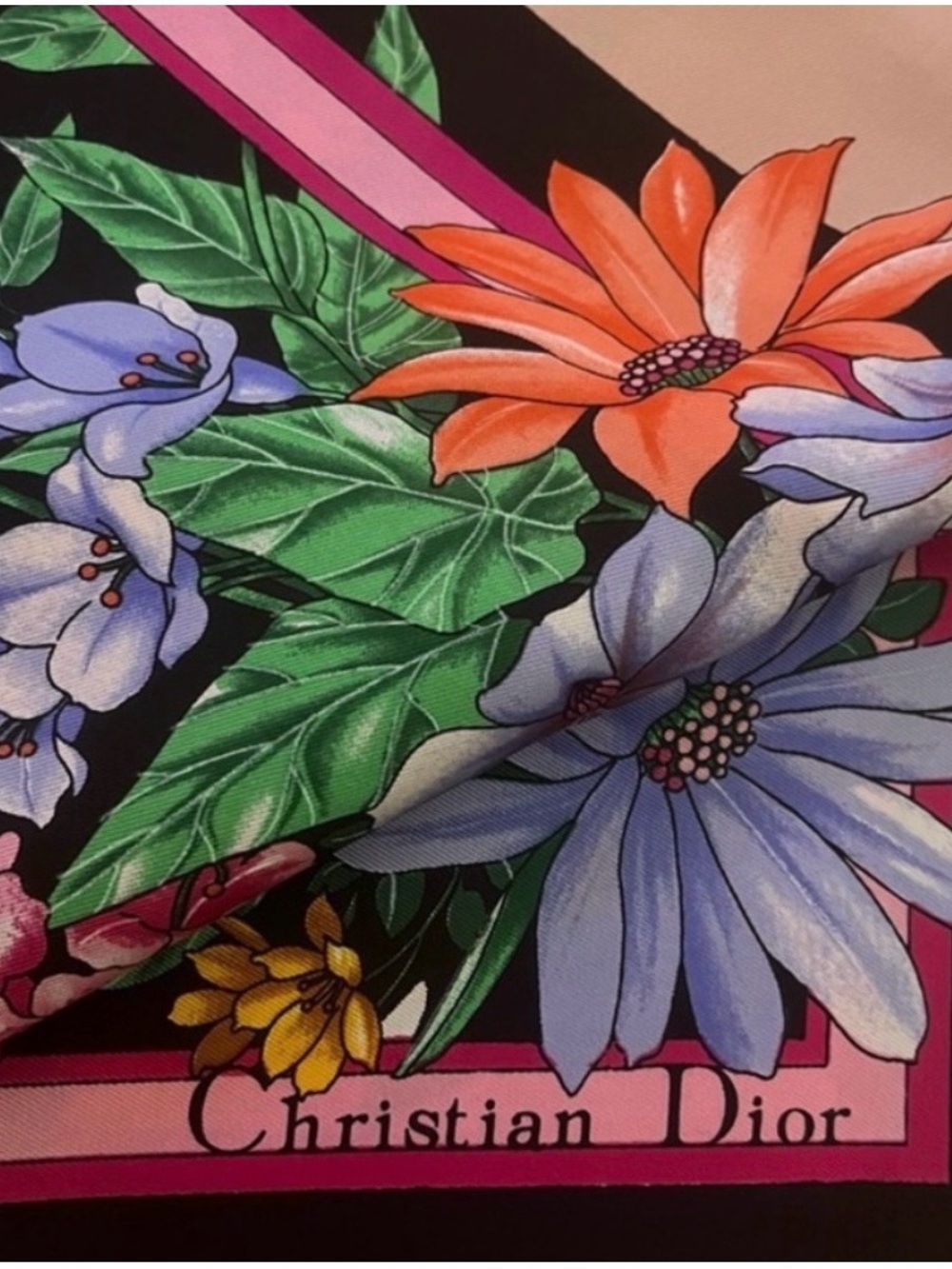 Dior Floral Silk Scarf in Black, Pink, Orange, Green, Blue